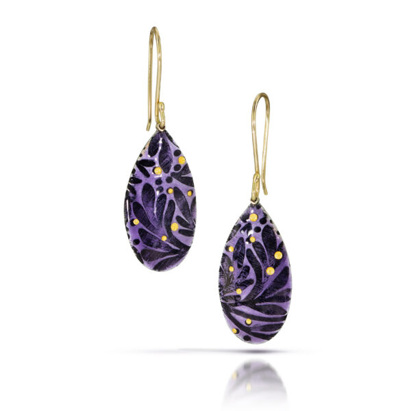 Purple teardrop earrings with black and gold accents and gold earwigs