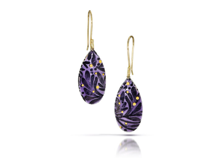 Purple teardrop earrings with black and gold accents and gold earwigs
