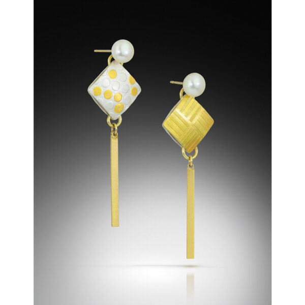 White and gold square earrings with gold bar drops and pearl tops