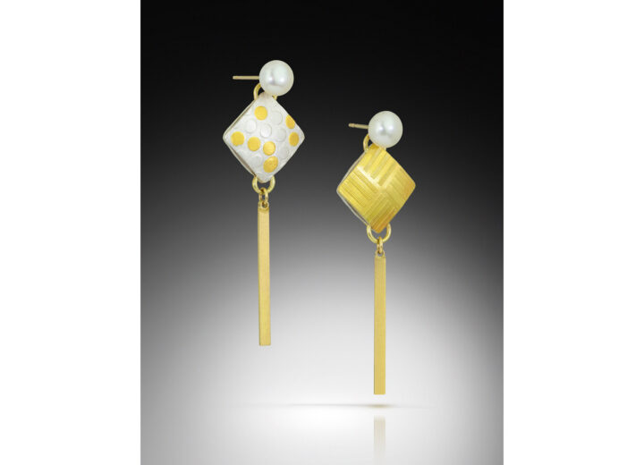 White and gold square earrings with gold bar drops and pearl tops