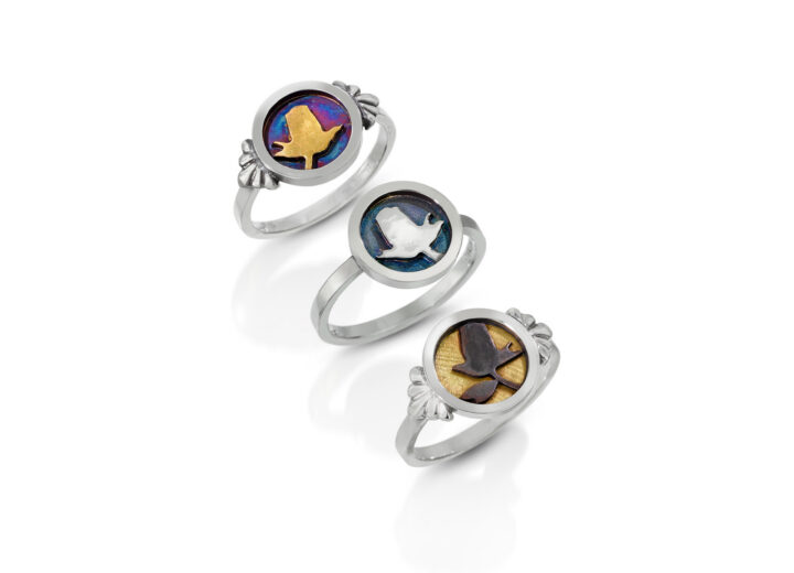 Three silver rings with a rose in circle and gold accents