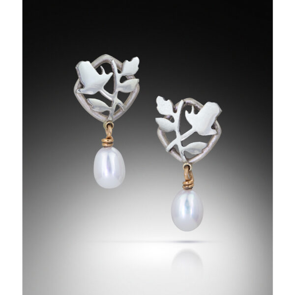 Rose and vine stud earrings with white pearl drops
