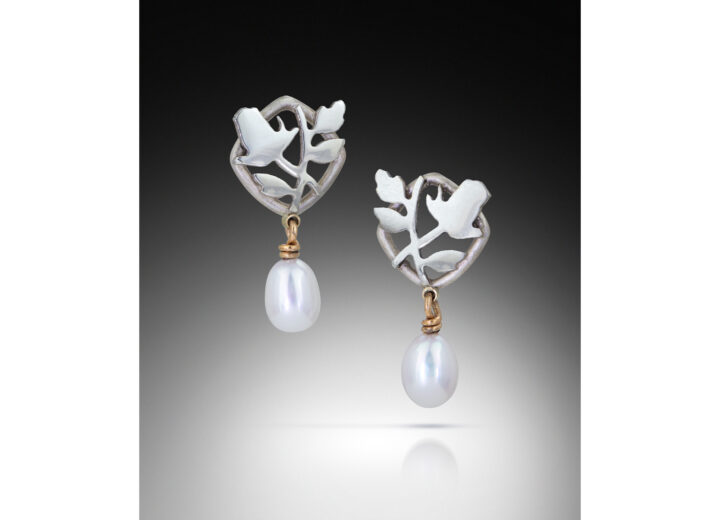 Rose and vine stud earrings with white pearl drops