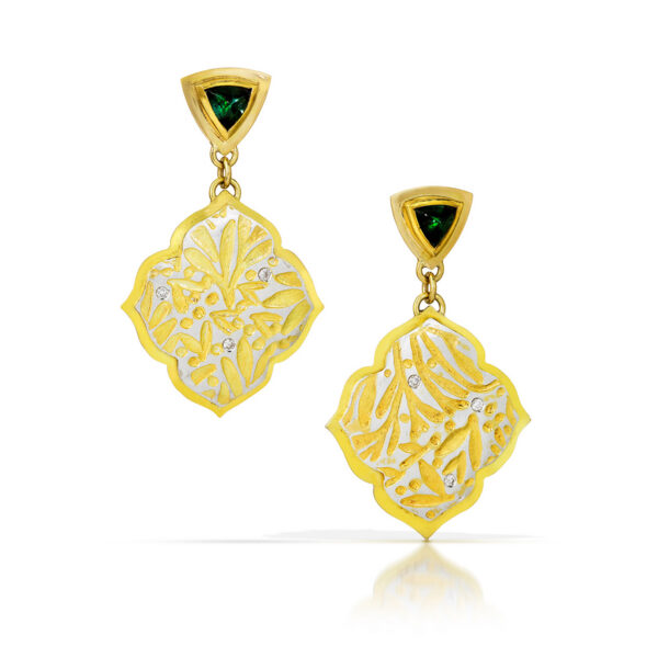Green tourmaline studs with large gold quatrefoil drops and flush set diamonds