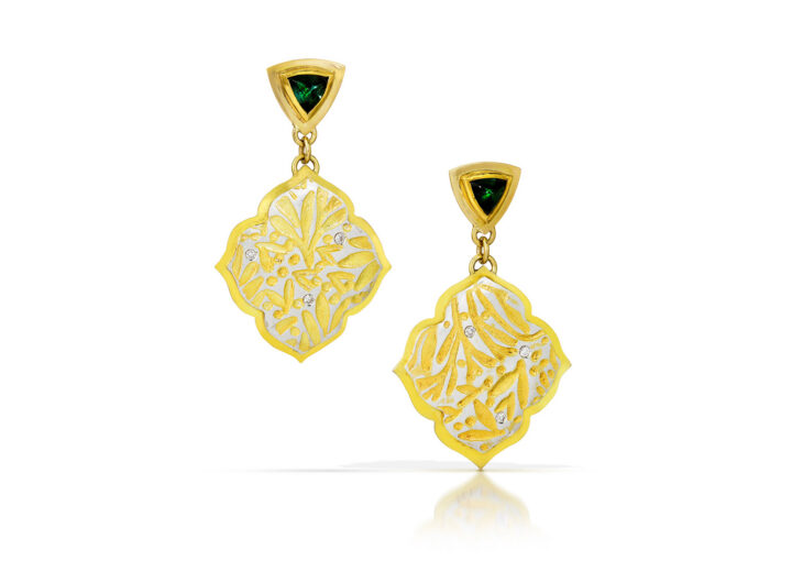 Green tourmaline studs with large gold quatrefoil drops and flush set diamonds
