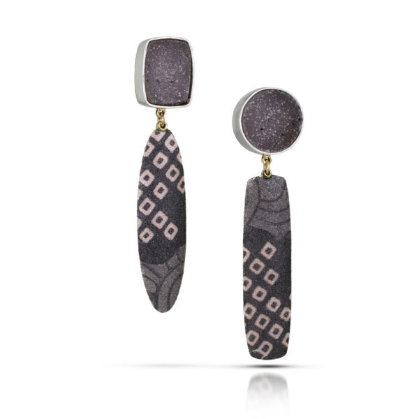 Black gray pink dangles from quartz stud earrings