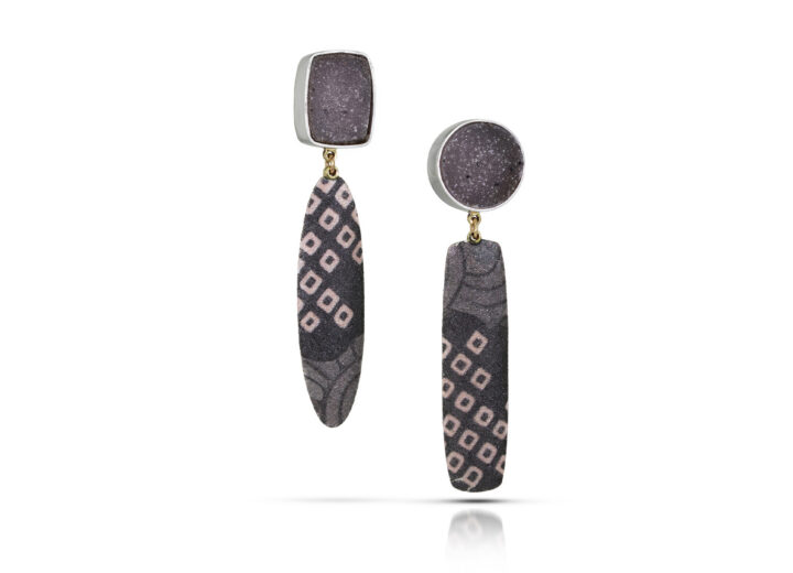 Black gray pink dangles from quartz stud earrings