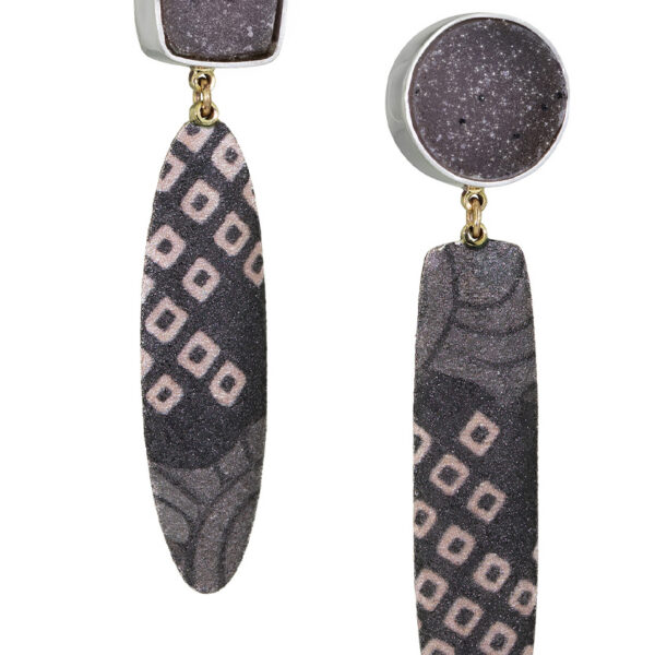 Black gray pink dangles from quartz stud earrings