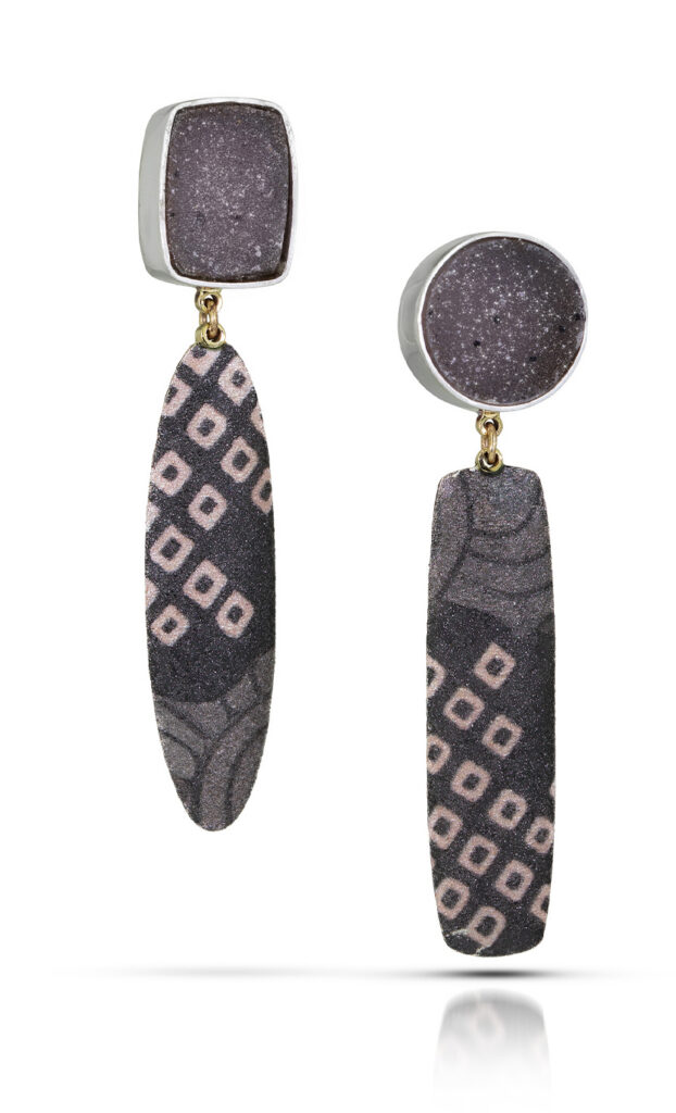 Black gray pink dangles from quartz stud earrings