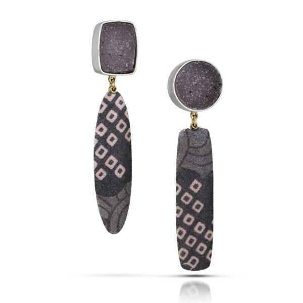 Black gray pink dangles from quartz stud earrings