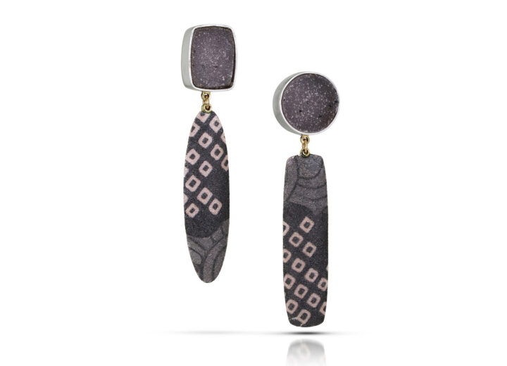 Black gray pink dangles from quartz stud earrings