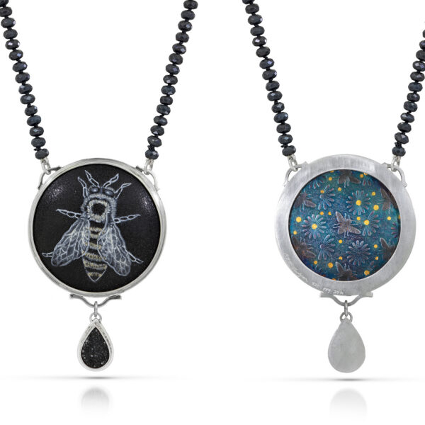 Front and back view of round enamel with black and white honeybee and druzy teardrop on onyx bead necklace