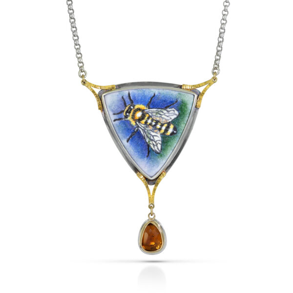 Triangle enamel with bee on blue and green background and citrine drop