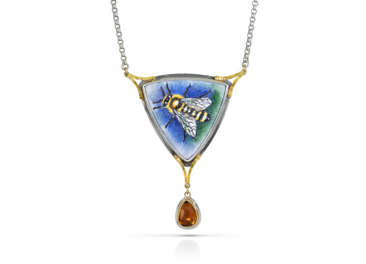 Triangle enamel with bee on blue and green background and citrine drop