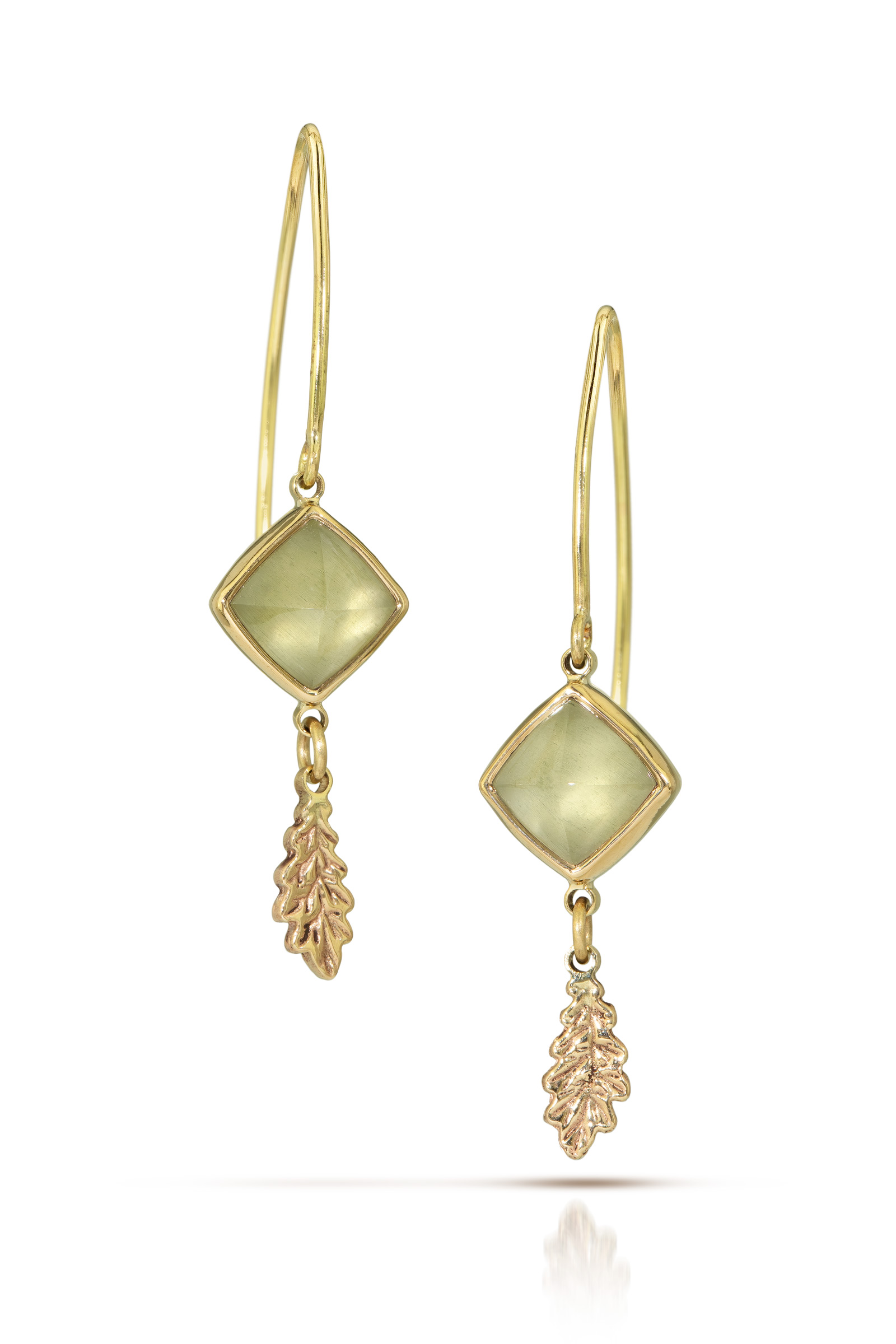 Pale green square stones with gold oak leaf dangles