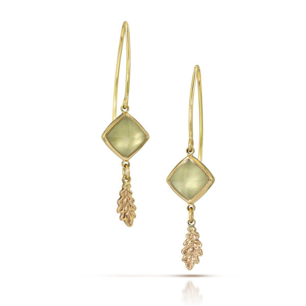 Pale green square stones with gold oak leaf dangles