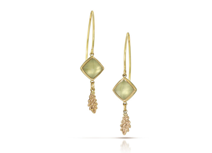 Pale green square stones with gold oak leaf dangles