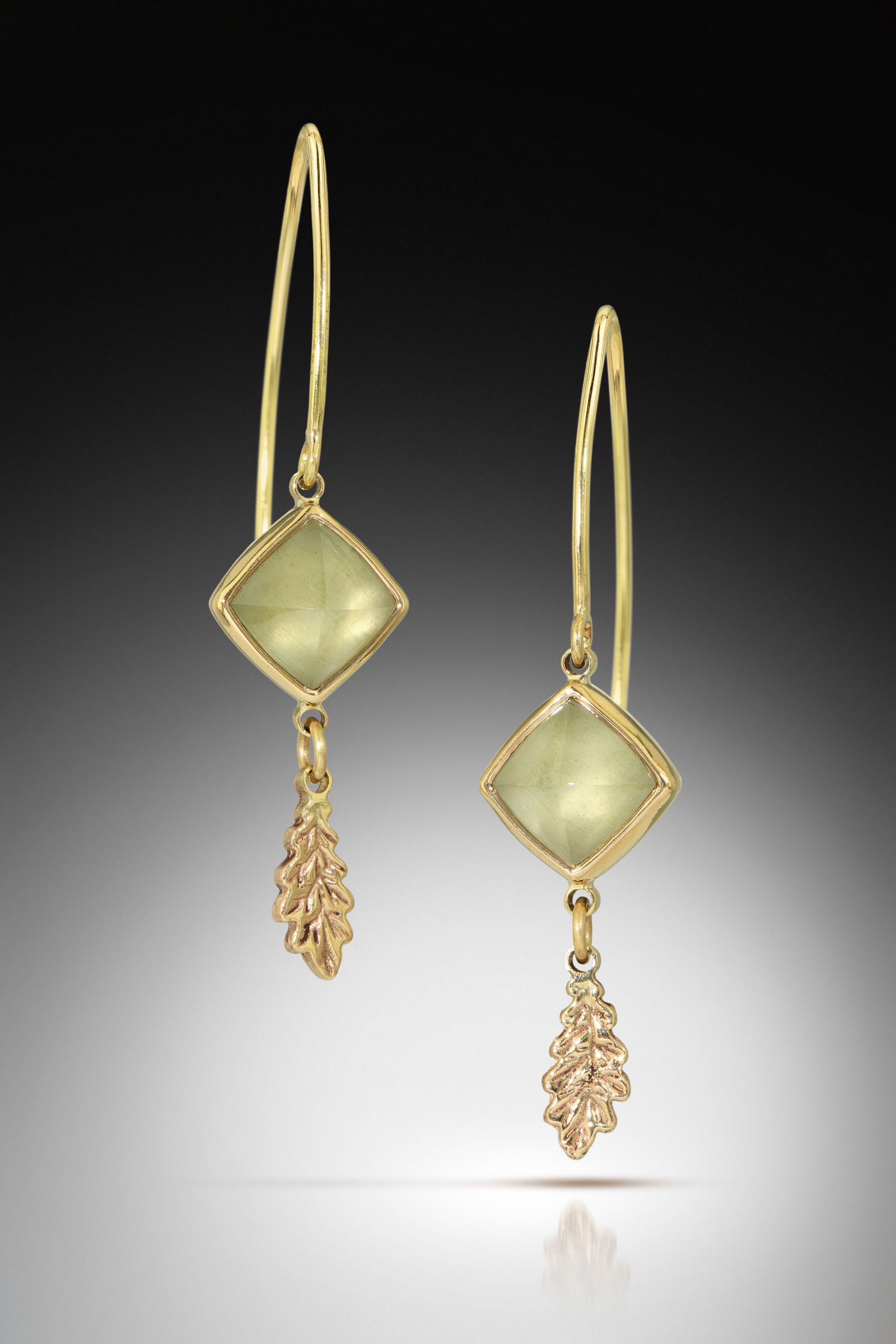 Pale green square stones with gold oak leaf dangles