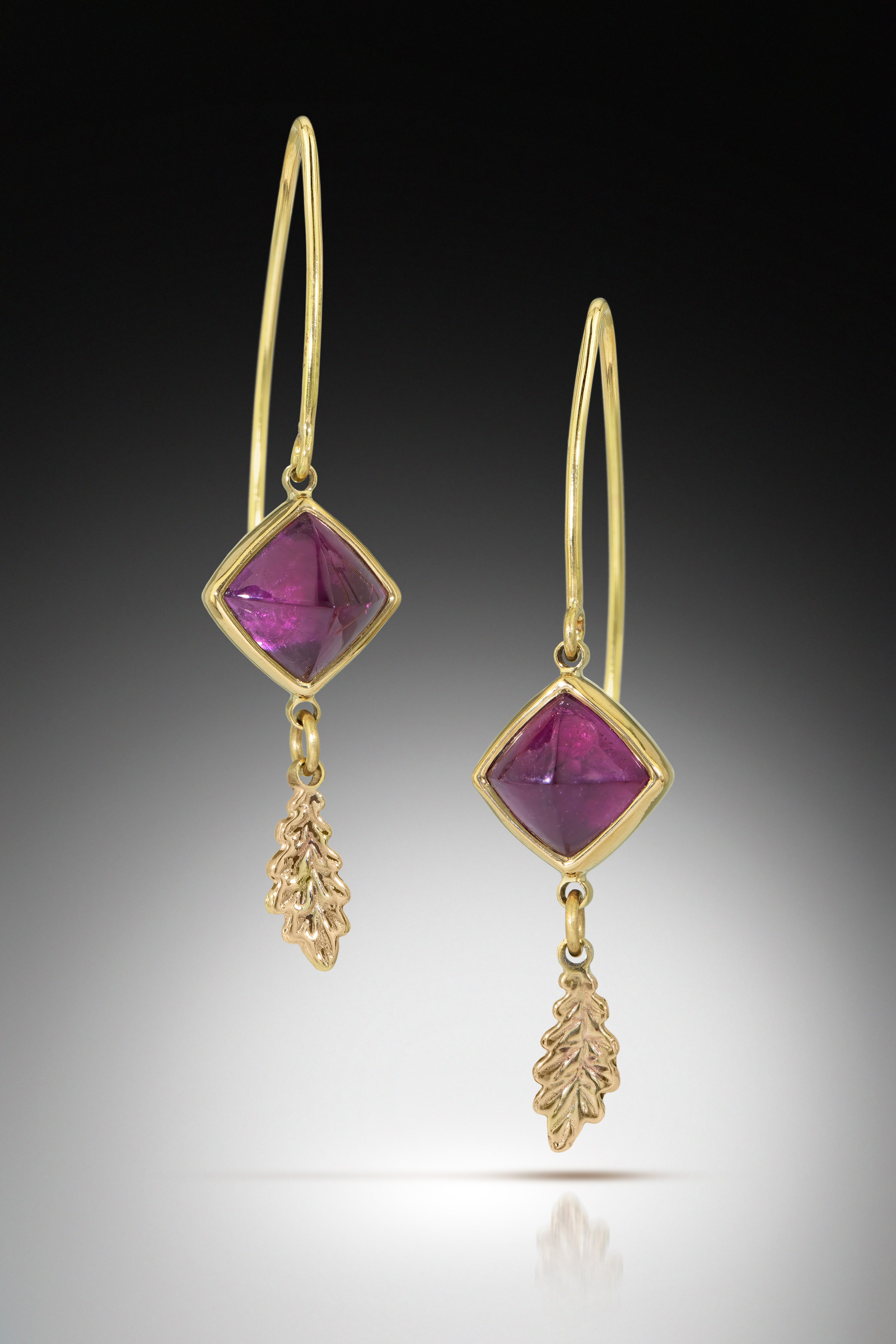raspberry pink purple square stones with gold oak leaf dangles