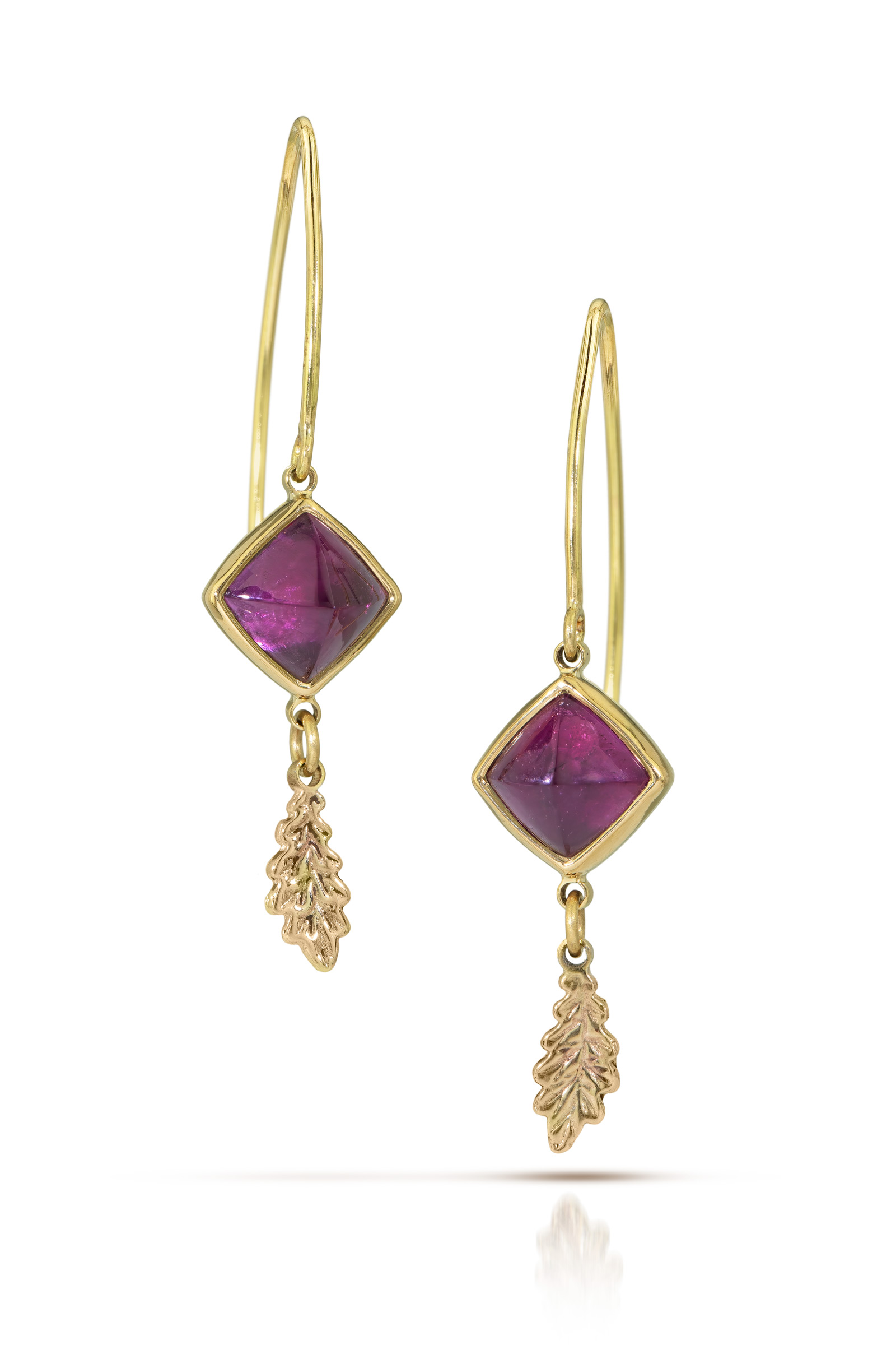 raspberry pink purple square stones with gold oak leaf dangles