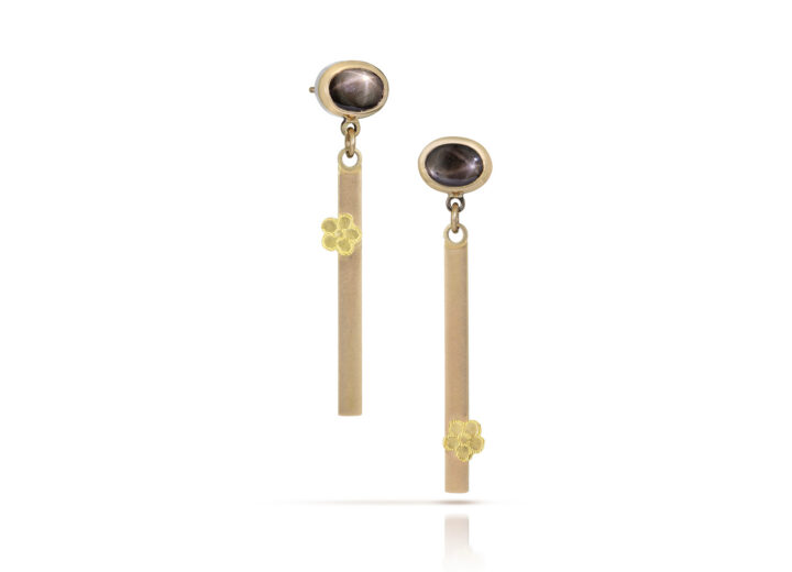 Oval brown star sapphire studs in gold with bar drops and flowers